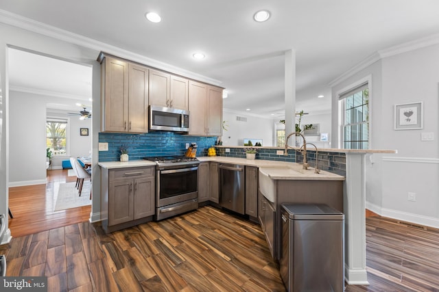 3 Union St, Robbinsville, NJ 08691 - kitchen featuring appliances with stainless steel finishes, dark wood finished floors, a peninsula, recessed lighting, and decorative backsplash