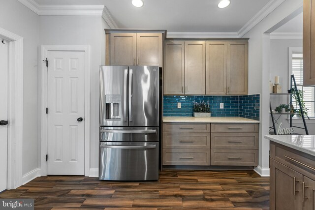 3 Union St, Robbinsville, NJ 08691 - kitchen featuring stainless steel refrigerator with ice dispenser, light countertops, dark wood-style floors, and recessed lighting