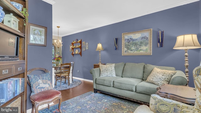 501 Tulip Rd, Riva, MD 21140 - living area featuring wood finished floors, a chandelier, and ornamental molding