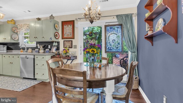 501 Tulip Rd, Riva, MD 21140 - dining room with a chandelier, dark wood-style floors, and crown molding