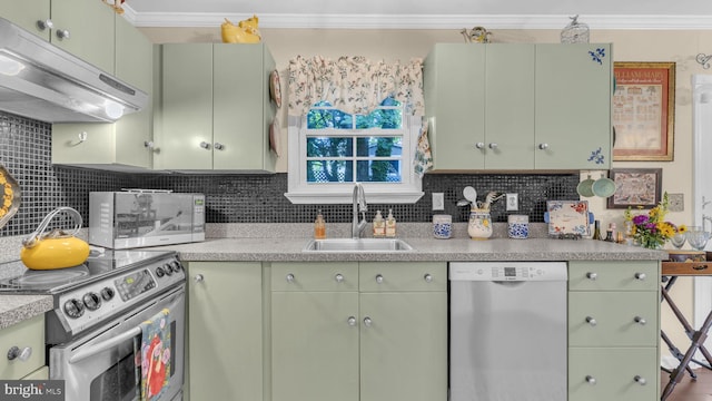 501 Tulip Rd, Riva, MD 21140 - kitchen featuring dishwasher, ventilation hood, electric range, green cabinetry, and crown molding