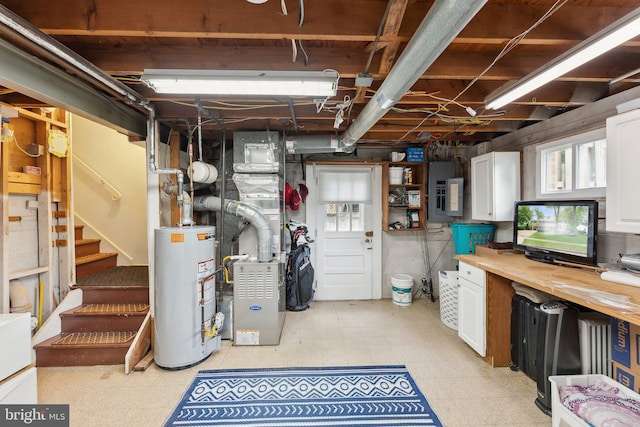 8807 Falkstone Ln, Alexandria, VA 22309 - basement with light flooring, water heater, electric panel, stairs, and heating unit
