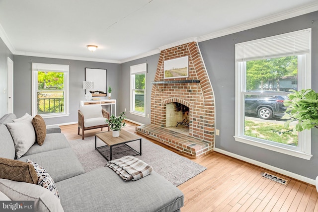 living room with hardwood / wood-style flooring, ornamental molding, baseboards, and a fireplace