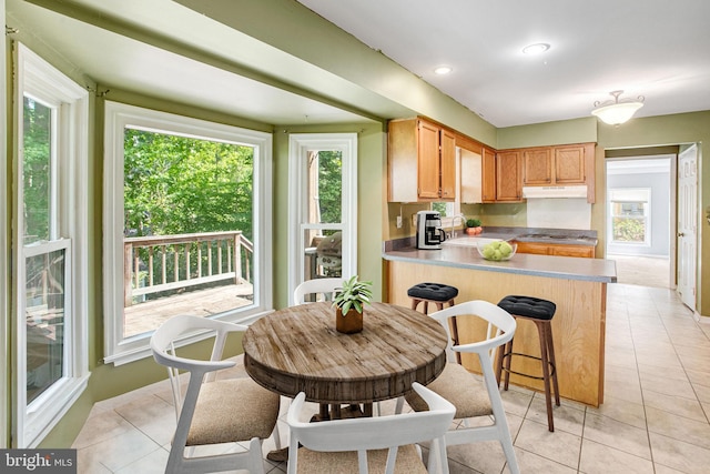 kitchen with under cabinet range hood, plenty of natural light, and light tile patterned floors
