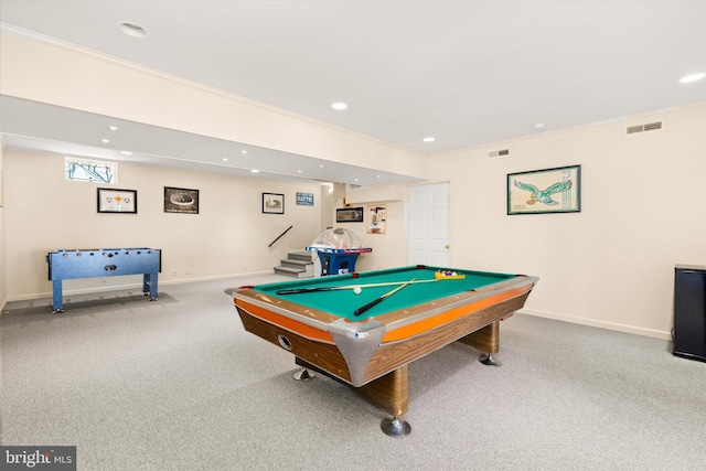 recreation room featuring billiards, baseboards, and visible vents
