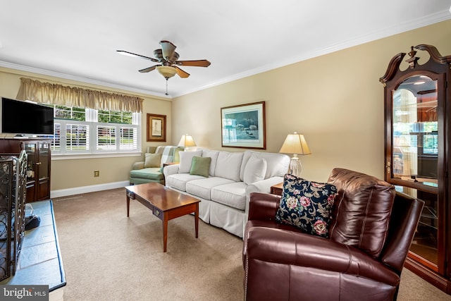 1902 Northleigh Rd, Lutherville Timonium, MD 21093 - carpeted living area with baseboards, crown molding, and a ceiling fan