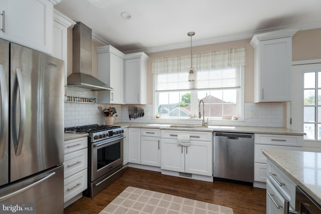 kitchen with wall chimney range hood, stainless steel appliances, decorative backsplash, and a sink