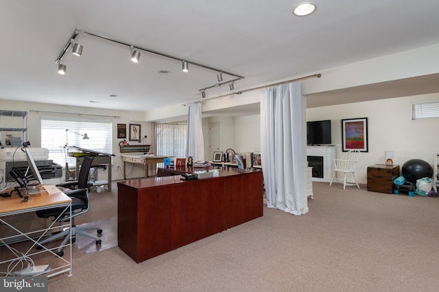 office space featuring carpet flooring, rail lighting, and a fireplace