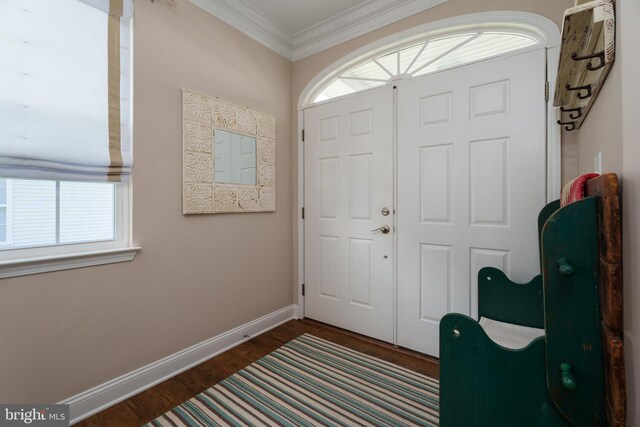 entrance foyer featuring crown molding, baseboards, plenty of natural light, and wood finished floors