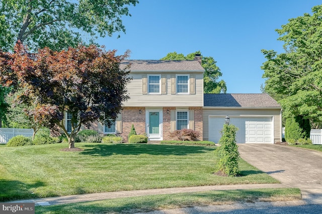 1400 Midhurst Ct, Bel Air, MD 21014 - view of front of house with a chimney, a garage, brick siding, and concrete driveway
