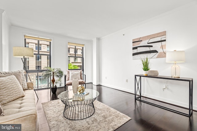 living room featuring crown molding, baseboards, and wood finished floors