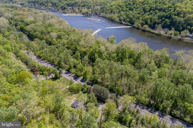 aerial view with a view of trees and a water view