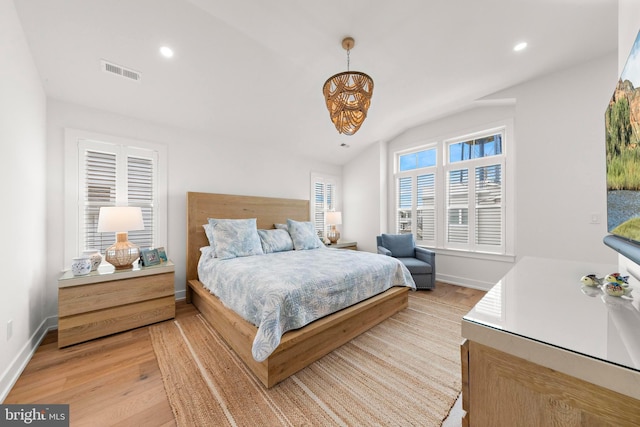15 W Harding Ave, Long Beach Township, NJ 08008 - bedroom featuring a chandelier, light wood finished floors, vaulted ceiling, recessed lighting, and baseboards