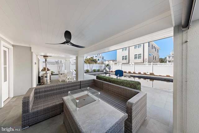 15 W Harding Ave, Long Beach Township, NJ 08008 - view of patio / terrace with an outdoor living space, a fenced backyard, a ceiling fan, and a swimming pool