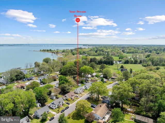 aerial perspective of suburban area featuring a large body of water and a tree filled landscape