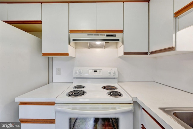 114 Dew Drop Ct, York, PA 17403 - kitchen featuring white electric range, under cabinet range hood, light countertops, and white cabinets