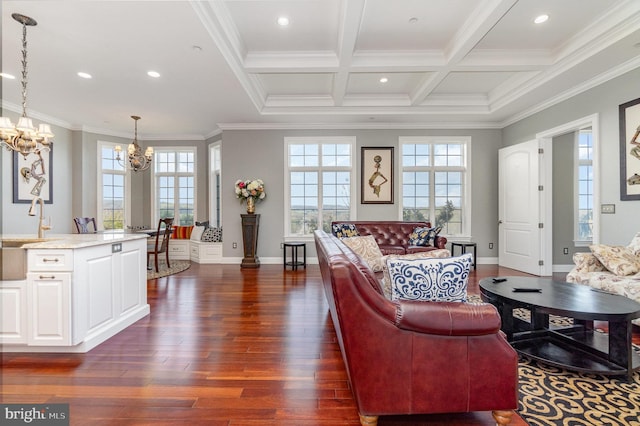 890 Hobart Rd, Hanover, PA 17331 - living room with a chandelier, dark wood-style floors, crown molding, beam ceiling, and recessed lighting