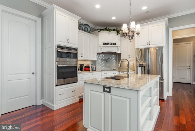890 Hobart Rd, Hanover, PA 17331 - kitchen with stainless steel appliances, a chandelier, dark wood-style flooring, white cabinetry, and a sink