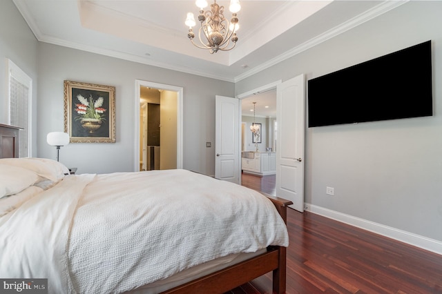 890 Hobart Rd, Hanover, PA 17331 - bedroom featuring a chandelier, dark wood-style floors, a raised ceiling, crown molding, and baseboards