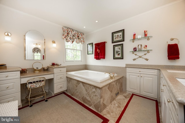 bathroom featuring a bath, ornamental molding, vanity, and recessed lighting