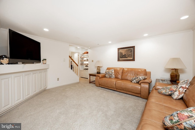 living room with recessed lighting, stairway, crown molding, and light carpet