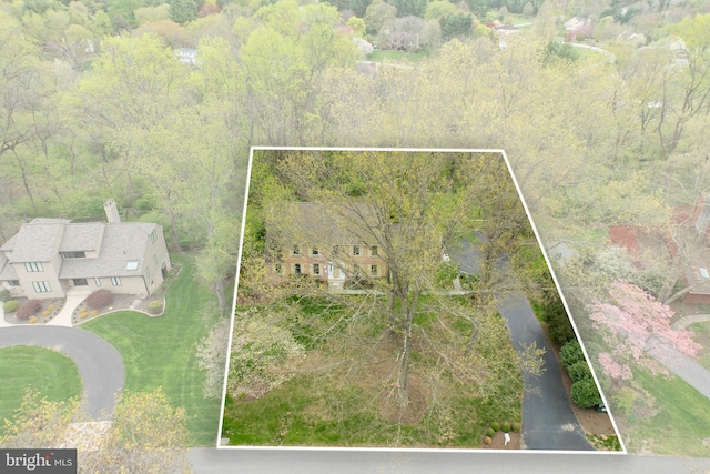 birds eye view of property featuring a view of trees