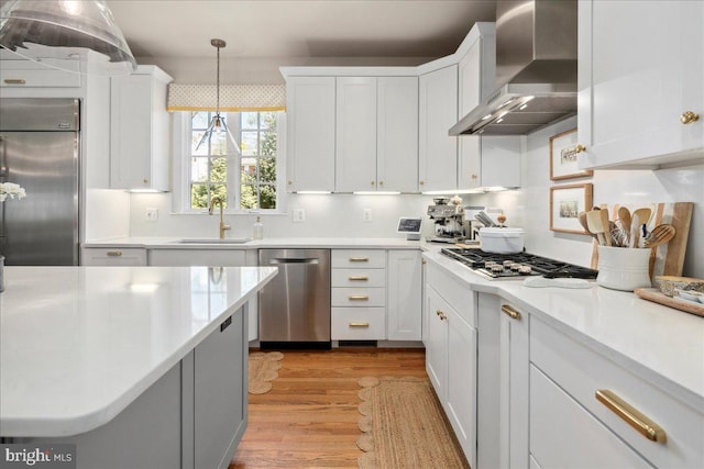 kitchen featuring a sink, light wood finished floors, light countertops, wall chimney exhaust hood, and appliances with stainless steel finishes