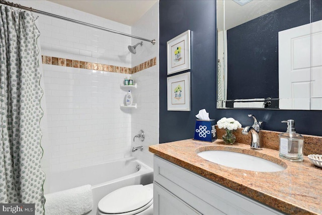 bathroom with toilet, vanity, and shower / bath combination with curtain