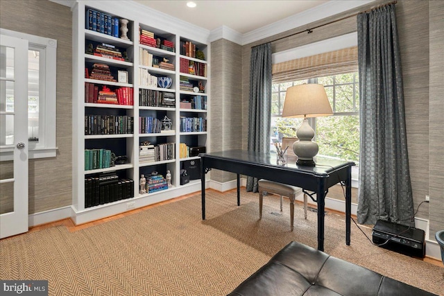 home office with baseboards and ornamental molding