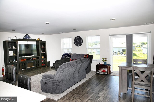 185 Petal Dr, Pottstown, PA 19464 - living area featuring baseboards, dark wood-style floors, and recessed lighting