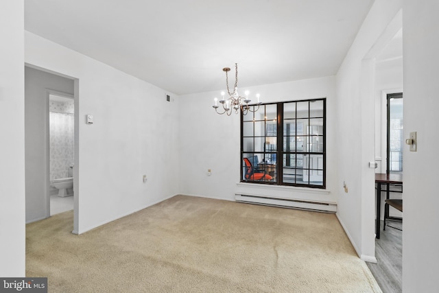 unfurnished dining area with an inviting chandelier, visible vents, baseboards, a baseboard radiator, and carpet flooring