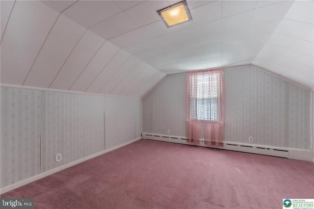 bonus room with a baseboard radiator, carpet flooring, and vaulted ceiling