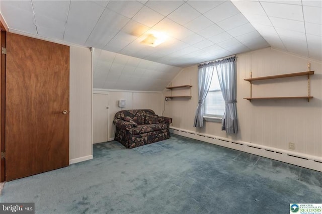 bonus room featuring carpet floors, a baseboard radiator, and vaulted ceiling