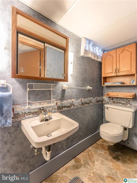 half bath featuring a sink, stone finish flooring, and toilet