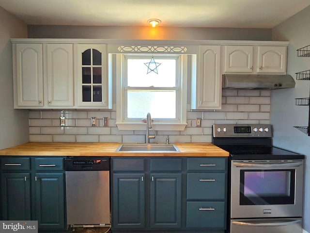 8464 Geneva Rd, Pasadena, MD 21122 - kitchen featuring stainless steel appliances, wooden counters, under cabinet range hood, a sink, and blue cabinets