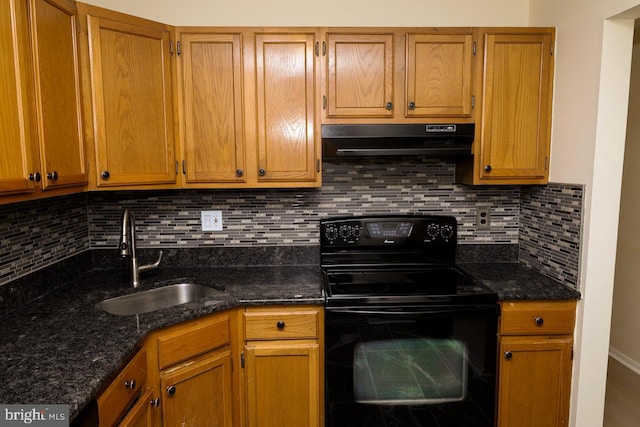 kitchen featuring black / electric stove, under cabinet range hood, a sink, and backsplash