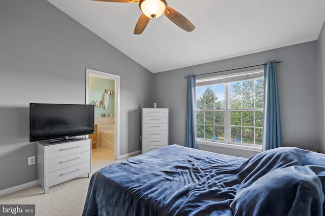 2420 Huntwood Ct, Frederick, MD 21702 - bedroom with light carpet, vaulted ceiling, baseboards, ensuite bathroom, and ceiling fan