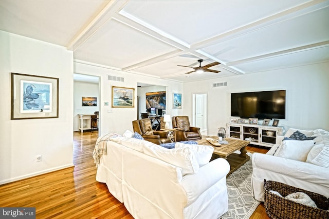 living room with baseboards, coffered ceiling, wood finished floors, and visible vents