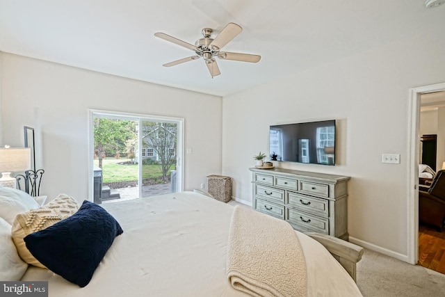 bedroom featuring carpet flooring, access to outside, baseboards, and ceiling fan
