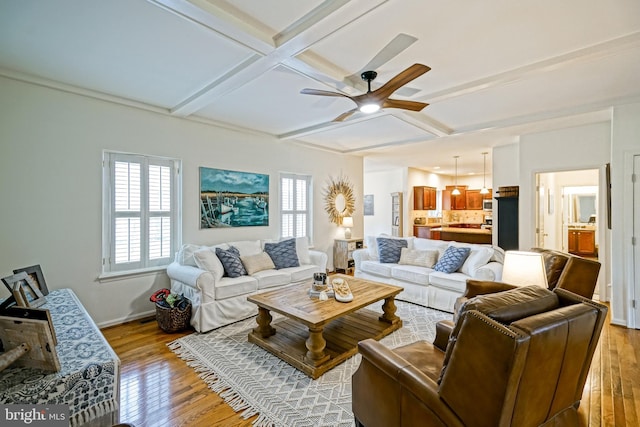living area featuring a ceiling fan, beamed ceiling, light wood-type flooring, and coffered ceiling