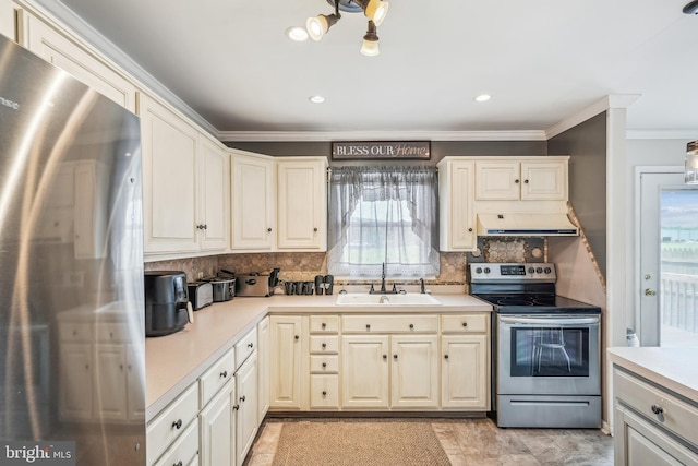 kitchen with stainless steel appliances, ornamental molding, backsplash, a sink, and ventilation hood
