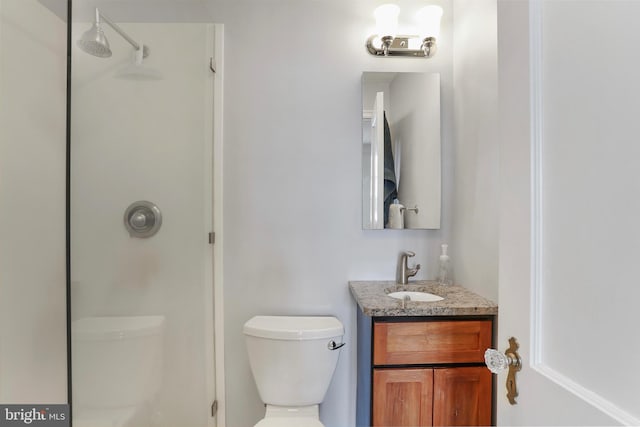 bathroom with walk in shower, toilet, and vanity