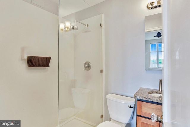 full bathroom featuring vanity, a walk in shower, and toilet