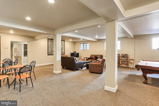 playroom featuring baseboards, light carpet, billiards, and recessed lighting