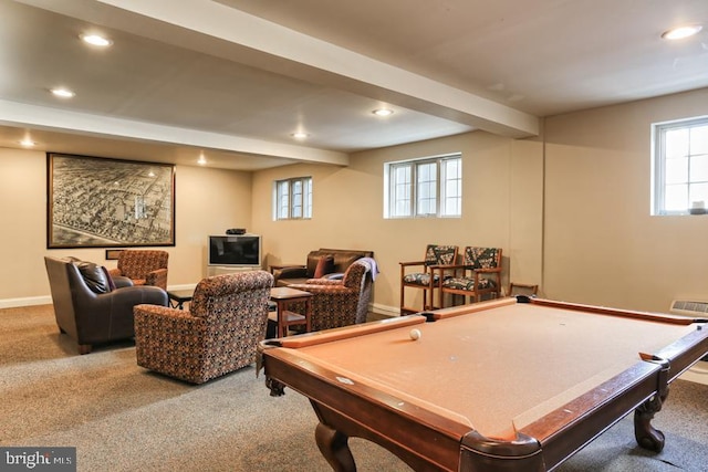 game room with recessed lighting, carpet floors, beamed ceiling, and billiards