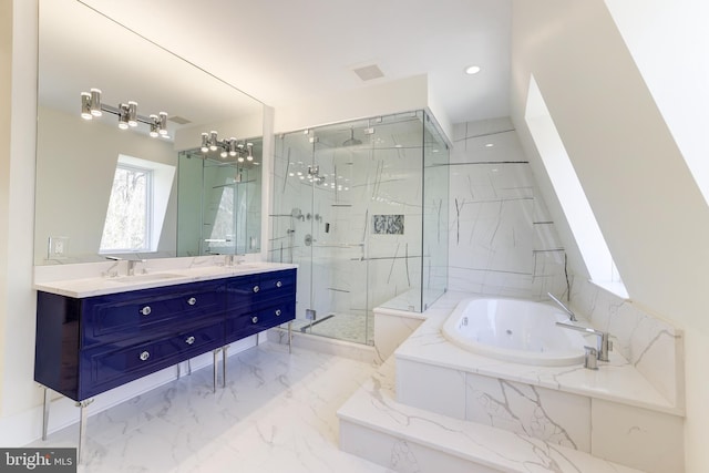 bathroom with a sink, a marble finish shower, double vanity, marble finish floor, and a tub with jets