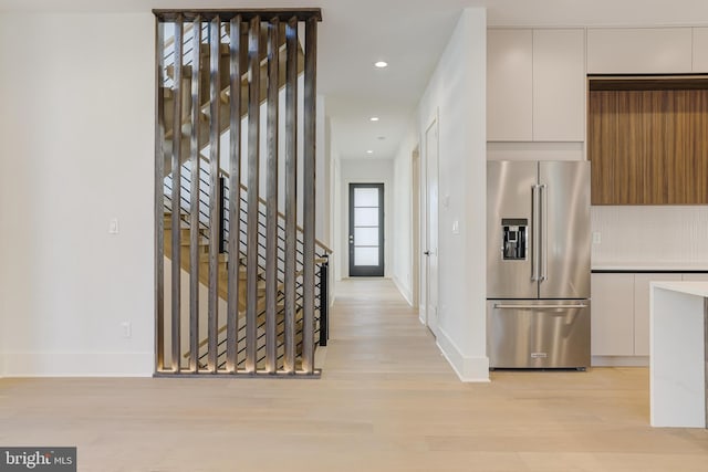 3506 Lake St, Falls Church, VA 22041 - hallway with baseboards, light wood finished floors, recessed lighting, and stairway
