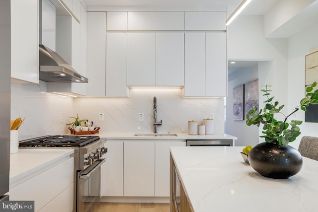 kitchen featuring high end range, wall chimney exhaust hood, decorative backsplash, and a sink