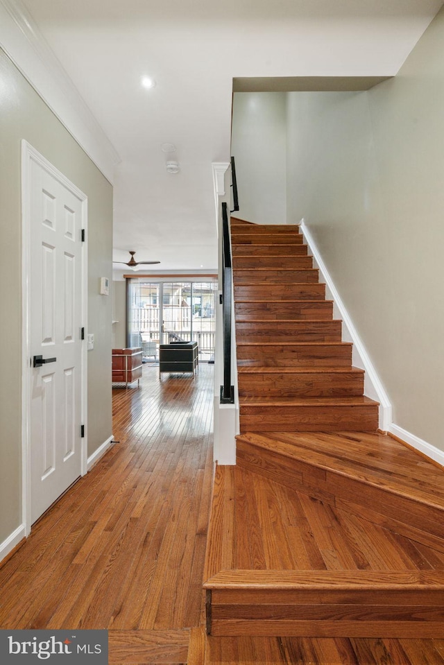 stairway featuring recessed lighting, baseboards, and hardwood / wood-style flooring