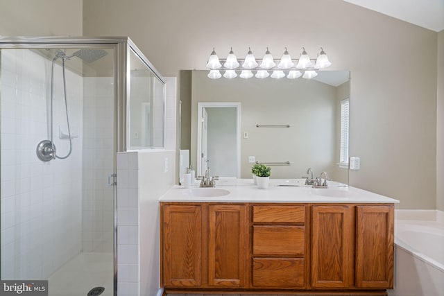 full bathroom with double vanity, a sink, a bath, and a shower stall